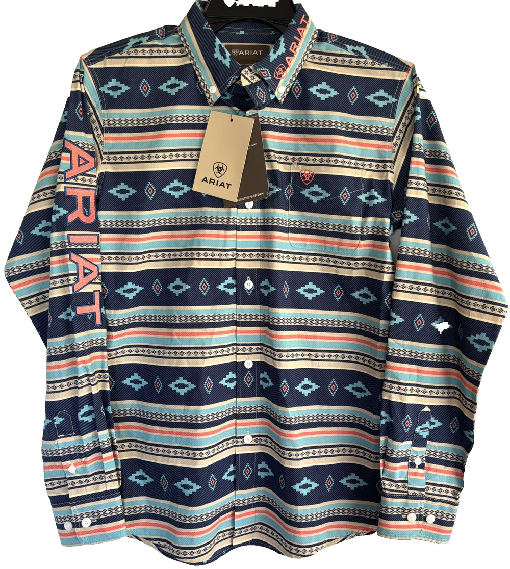 Ariat Boys Long Sleeve Western Button Shirt Blue Orange Southwestern L 14-16